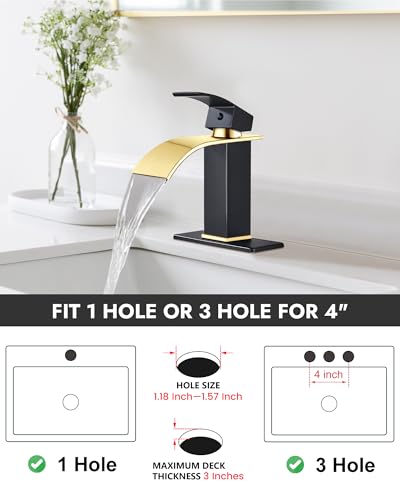 Midanya Waterfall Bathroom Faucet 1 Hole,Polish Gold Spout/Matte Black | with 24” Hoses,Pop Up Drain,6” Deck Plate,for 1 or 3 Hole Vanity,Lavatory,RV,Single Handle Bathroom Sink Faucet,NSF Certified - color: Bright Gold Spout/Black