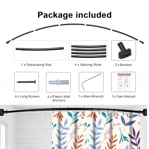 Black Curved Shower Curtain Rod Round Shower Rod Adjustable 33-78 In Stainless Steel Rustproof Bowed Shower Curtain Rods for Bathroom Bathtub Stall Rounded Curved Shower Rod Bar Need to Drill