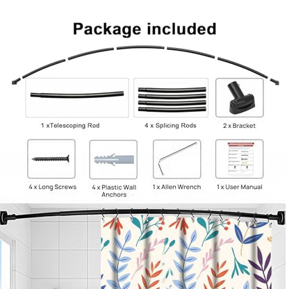 Black Curved Shower Curtain Rod Round Shower Rod Adjustable 33-78 In Stainless Steel Rustproof Bowed Shower Curtain Rods for Bathroom Bathtub Stall Rounded Curved Shower Rod Bar Need to Drill