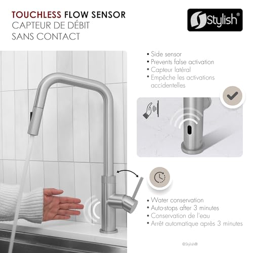 Stylish Touchless Kitchen Faucet with Pull Down Sprayer Single Lever Handle Dual Function Kitchen Sink Faucet with Ceramic Cartridge and Aerator Brushed Stainless Steel Finish, K-150SM - color: Brushed Stainless Steel