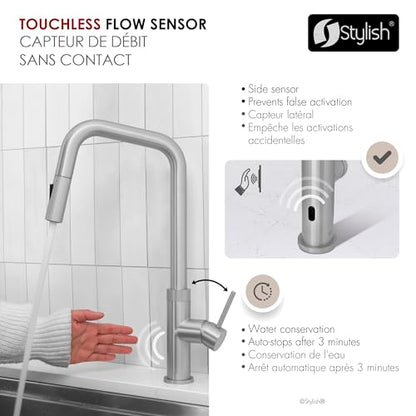 Stylish Touchless Kitchen Faucet with Pull Down Sprayer Single Lever Handle Dual Function Kitchen Sink Faucet with Ceramic Cartridge and Aerator Brushed Stainless Steel Finish, K-150SM - color: Brushed Stainless Steel