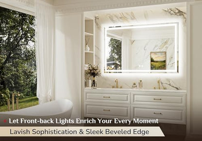 Keonjinn 55 x 36 Inch Beveled Lighted Bathroom Mirror, Front and Backligh | HD Tempered Glass, LED Bathroom Mirror with Lights, 3000K/4500K/6000K, Fast Defogging, Dimmable, Memory Function, CRI90+ - size: 36"L x 55"W