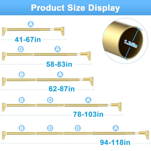 41-118 Inch Tension Curtain Rod, Gold | No Drill, Extra Long, Heavy Duty, Renter Friendly Adjustable - color: Gold, size: 41-118inch