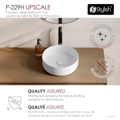 Stylish 14-1/8" White Round Vessel Bathroom Sink, Glossy Porcelain Bowl with Slim Edge, Above-Counter Installation, High-Gloss Finish Set of 2, P-229H-2 - style: 14-1/8" White Round Vessel set 2