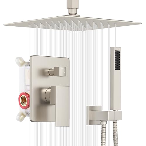 ESNBIA Shower System, 12 Inches Rain Shower Head with Handheld Combo Set, Shower Faucet Set with Valve and Trim, Ceiling Mounted High Pressure Rainfall Dual Shower Head System, Brushed Nickel - color: Brushed Nickel, size: 12 Inch