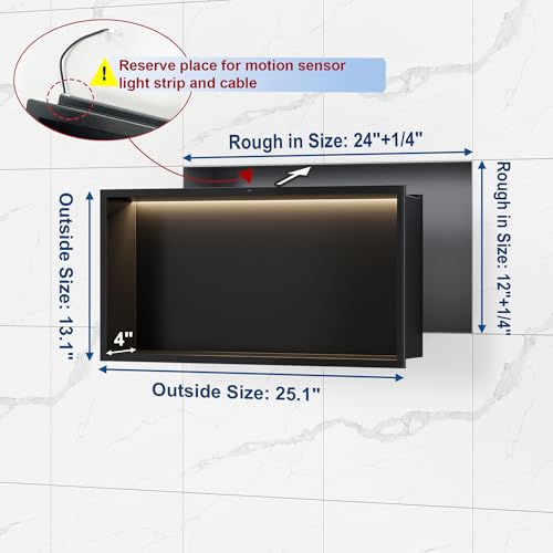 Smart Body Sensor Shower Niche, Black 24"x12" | Recessed Wall Niche with White 3000K LED Light , Waterproof &Rustproof, 304 Stainless Steel Bathroom Cabinet - size: 24X12In
