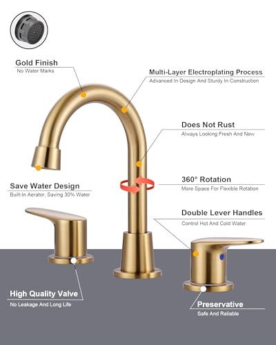 Bathroom Faucet 3 Hole Gold, 8 Inch Widespread Vanity Sink Faucets | Metal Zinc Alloy+ABS Gold Bathroom Sink Faucet with Swivel Spout, Two Handles Lead-Free Tap with Drain and cUPC Supply Line - color: Gold