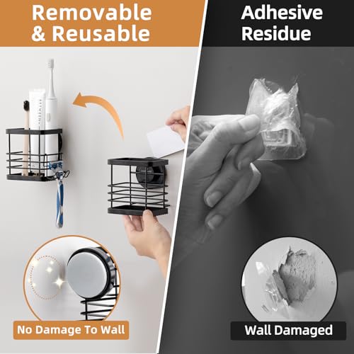 Powerful Suction Cup Stainless Steel Toothbrush Holders, Black | Removable Shower Tooth brush and Toothpaste Holder, Strong Suction Up to 11lbs, Anti-Puddling ,No Drill Bathroom Organizer - color: Black