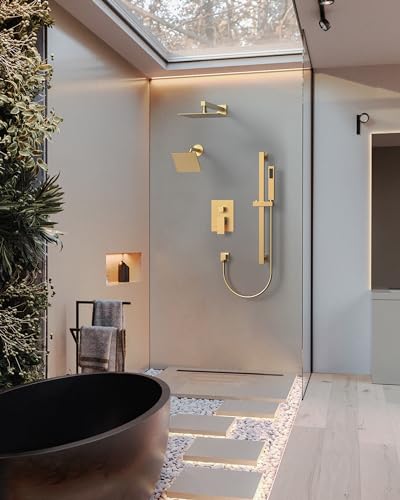 Shower Faucet Set, 10" & 6" Dual Rainfall Shower Heads System for Wall Mount with Slide Bar & Handheld Sprayer, Brushed Gold - color: Brushed Gold