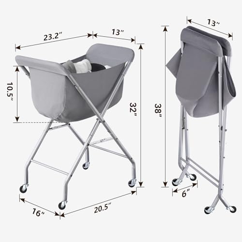 ELYKEN Laundry Basket with Wheels, Collapsible Laundry Hamper, Gray | Removable Liner Bag, Foldable Design, Sturdy Metal Frame, 4 Casters, 32”H Laundry Cart for Bedroom, Bathroom & Laundry Room - color: Gray, size: 23.2"L x 13"W x 32"H