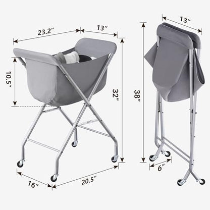 ELYKEN Laundry Basket with Wheels, Collapsible Laundry Hamper, Gray | Removable Liner Bag, Foldable Design, Sturdy Metal Frame, 4 Casters, 32”H Laundry Cart for Bedroom, Bathroom & Laundry Room - color: Gray, size: 23.2"L x 13"W x 32"H