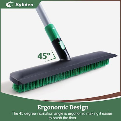 Eyliden Scrub Brush with Squeegee, Floor Deck Tile Bath Cleaning Scrubber | 15-inch Wide, 45° Angle 2-in-1 Stiff Bristles & Rubber Head, 55" Telescoping Long Handle, for Shower Kitchen Patio Garage
