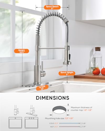 Kitchen Faucet with Pull Down Sprayer Brushed Nickel | 1 Handle Spring Sink Faucets,Lead-Free NSF Certified Stainless Steel, 1 or 3-Hole Deck Plate,Farmhouse, RV, Bar, Laundry Room - color: A - Brushed Nickel