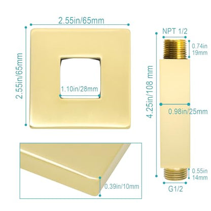 Enga Square Shower Arm with Flange, 3 Inches Ceiling Mount Replacement Rain Shower Head Straight Arm, Brushed Gold - color: Brushed Gold, style: 3 Inch