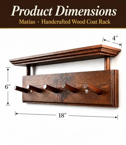 Matías Coat Rack Wall Mount with Shelf, 18 Inch Solid Wood Peg Rail, Wall Mounted Coat Rack with 5 Hooks, Wall Mount Shelf for Entryway, Bathroom or Bedroom (Walnut) - color: walnut