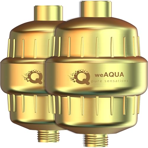 weAQUA Heavy Duty Shower Filter Family 2 PACK – 99% Removal for Hard Water, Chlorine, Fluoride, Heavy Metals, Micro-life, Organics and More (Matte Gold) - color: 2 Pack Family - Matte Gold