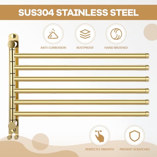 Teenyyou 16.5 Inches Swivel Towel Rack 304 Stainless Steel 6 Arms Bathroom Towel Rack Hanger Pool Holder Wall Mounted Swivel Bar Space Saving with Hook(Gold) - color: Gold, size: 16.5 Inches, style: 6 Arms