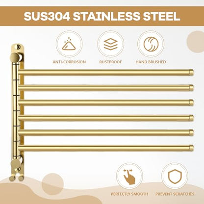 Teenyyou 16.5 Inches Swivel Towel Rack 304 Stainless Steel 6 Arms Bathroom Towel Rack Hanger Pool Holder Wall Mounted Swivel Bar Space Saving with Hook(Gold) - color: Gold, size: 16.5 Inches, style: 6 Arms