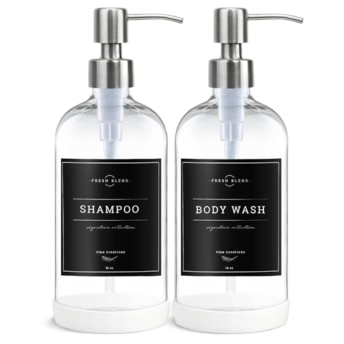 Vine Creations Clear Glass Soap Dispenser, 2 Pack Kitchen Soap Dispenser Set with Stainless Steel Pump, 16 oz Hand Soap or Dish Soap for Bathroom or Kitchen with Waterproof Labels - color: Clear Bottle / Silver Pump
