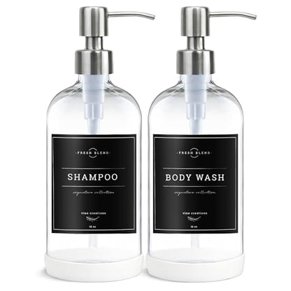 Vine Creations Clear Glass Soap Dispenser, 2 Pack Kitchen Soap Dispenser Set with Stainless Steel Pump, 16 oz Hand Soap or Dish Soap for Bathroom or Kitchen with Waterproof Labels - color: Clear Bottle / Silver Pump