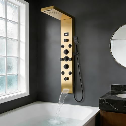 POPFLY LED Rainfall Waterfall Shower Panel Tower System, 4 Body Jets and 4 Mist Spray, 3-Function Handheld Shower, Stainless Steel Shower Tower with Temp Display, Brushed Gold - color: 8 Jets-Gold