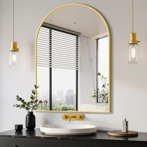 Arched Bathroom Mirror, 26"x38", Gold | Wall Mounted, Vanity Mirror, For Bedroom, Living Room and Entryway - color: Gold, size: 38"L x 26"W