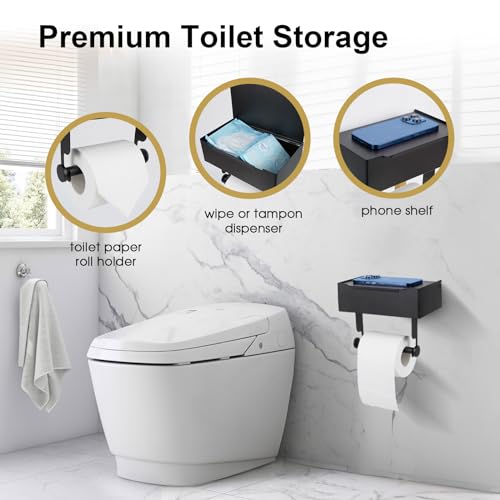 Matte Black Toilet Paper Storage Holder with Shelf for Wet Wipes, Sanitary Tampon, Trash Bags, Bathroom Wipes Holder Accessory Space Saver and Organizer
