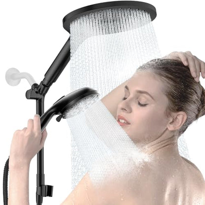 High Pressure Dual Shower Head with Handheld Spray Combo | 9 Spray Modes Handheld Showerhead, Double Rainfall Structure, Waterfall Shower Equipped with 79-Inch Hose, Matte Black - color: Matte Black