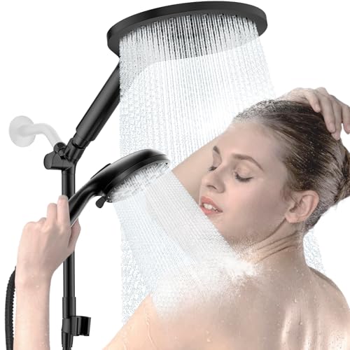 High Pressure Dual Shower Head with Handheld Spray Combo | 9 Spray Modes Handheld Showerhead, Double Rainfall Structure, Waterfall Shower Equipped with 79-Inch Hose, Matte Black - color: Matte Black
