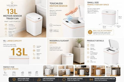 VELMORA Home CO. 13L Motion Sensor Trash Can – Touchless Automatic Lid Garbage Bin for Bathroom, Bedroom & Office – Slim Modern Wastebasket with Lid, White