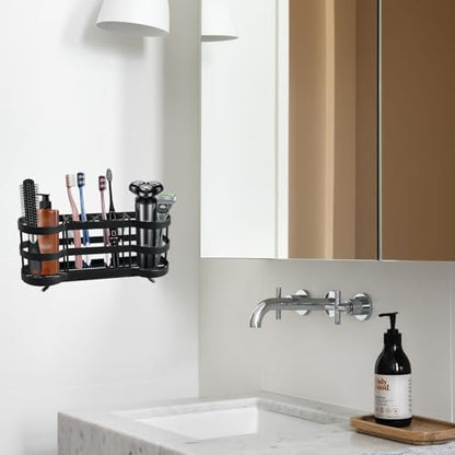 Wall Mount Toothbrush Holder, Black, Stainless Steel, 4 Slots | Self-Adhesive, Wallmount/Countertop, For Shower, Bathroom Organizer - color: Black Flat