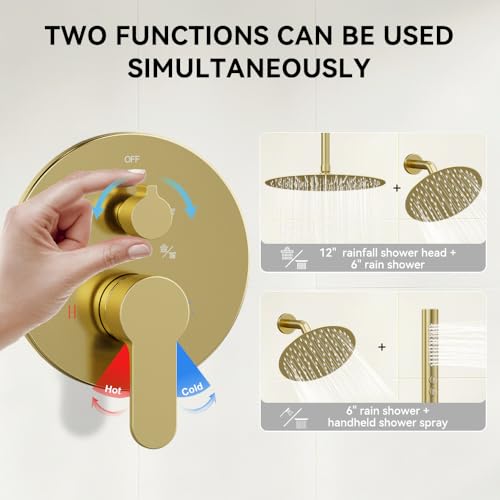 Shower Systems Shower Faucet Sets STARBATH 3 Way 12+6" Round Dual Rainfall Shower Head with Handheld Spray Combo, Ceiling Mounted Rain Shower Valve with 5 Diverter and Trim Kit Complete, Brushed Gold - color: Brushed Gold, size: 6+12 inch-04