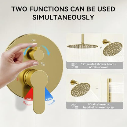 Shower Systems Shower Faucet Sets STARBATH 3 Way 12+6" Round Dual Rainfall Shower Head with Handheld Spray Combo, Ceiling Mounted Rain Shower Valve with 5 Diverter and Trim Kit Complete, Brushed Gold - color: Brushed Gold, size: 6+12 inch-04