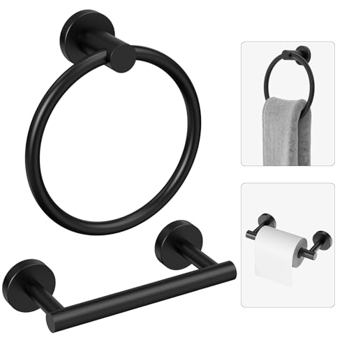 Matte Black Toilet Paper Holder Wall Mount & Towel Holder, Bathroom Hardware Set-SUS304 Stainless Steel Double Post Pivoting Tissue Roll Holder and Hand Towel Ring Set for Bathroom, RV - color: Matte Black