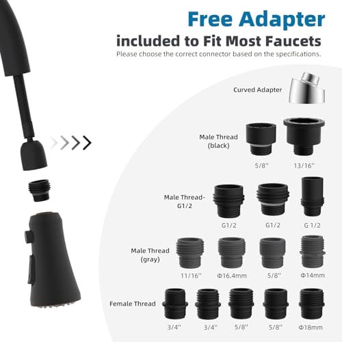 Hibbent Pull Down Kitchen Faucet Head Replacement, 3-Function NSF/ANSI/CAN 61 & CUPC Certified Sink Spray Nozzle, 15 Adapters, Compatible with Moen, Delta, Kohler Faucets, Oil-Rubbed Bronze - color: Oil Rubbed Bronze, style: Stay on sprayer without hold b