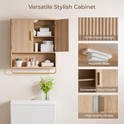 Bathroom Wall Cabinet, Medicine Cabinet with Fluted Door & Adjustable Shelf | Over The Toilet Storage Cabinet with Towel Bar, Space-Saving Cabinet Wall Mount for Laundry Room, Kitchen, Living Room - color: Natural Oak