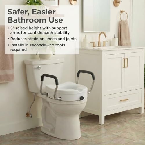 NOVA Toilet Seat Riser with Arms – Adds 5” Height, Raised Toilet Seat with ON/Off Front Lock, Adjustable & Removable Padded Arms (17.75”–20”), 300 lb Capacity, Safety Aid for Seniors - style: With Arm