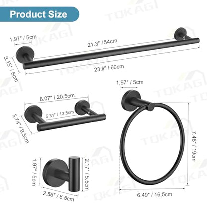 TQKAG 8-Pieces Bathroom Hardware Set Matte Black SUS304 Stainless Steel Bath Towel Bar Set 23.6 Inch Round Bathroom Accessories Kit Wall Mounted - color: Matte Black, size: 8-Pieces Set