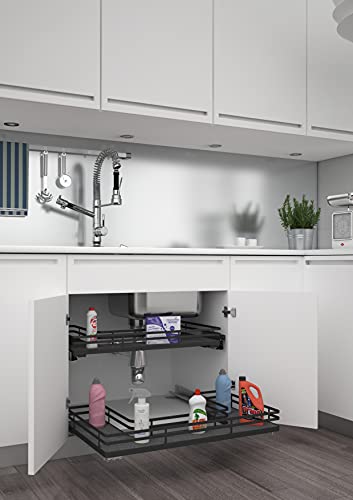 Rev-A-Shelf Solid Surface U-Shape Pullout Organizer for Sink Base Cabinets w/Soft-Close - size: 32.69"W x 21.54"D x 5.07"H