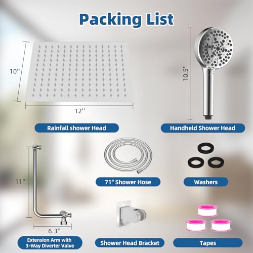 12" Metal Rainfall Shower Head with 10-Mode Handheld, Chrome | NSF/ANSI/CAN 372 Certified, High Pressure Showerhead Combo with 11" Adjustable Shower Arm, 71" Hose, Shower Head Holder - color: Chrome, style: Square 12"