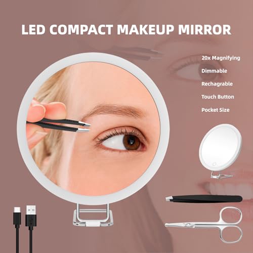 20X Magnifying Mirror with Lights, 6inch Makeup Magnified Mirror 20x Lighted Travel Magnification with 3 Suction Cups and 360° Adjustable Stand- Includes Tweezers & Scissors - color: White-20x