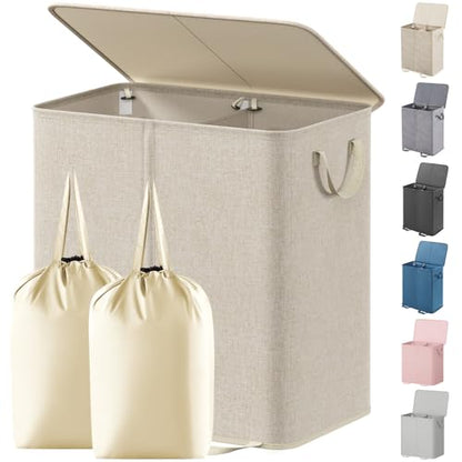 Lifewit Double Laundry Hamper with Lid and Removable Laundry Bags, Large Collapsible 2 Dividers Dirty Clothes Basket with Handles for Bedroom Laundry Room Closet Bathroom College, 136L Beige - color: Beige, size: 136L