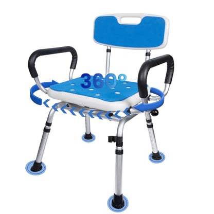 Swivel Shower Chair 500lbs Heavy Duty Adjustable Arms & Back 360° Rotating | Slip-resistant rubber feet Easy-clean Tool-free Install Ergonomic wide seat Built-in drainage holes 5 height settings - size: Blue