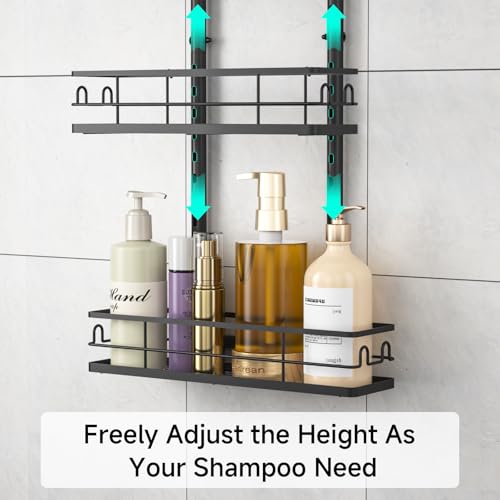 4 Tier Shower Caddy Hanging, Adjustable Shower Overhead Caddy Rustproof, No Drilling Standing Shower Caddy Handing Shower Racks for Bathroom Shampoo Soap Storage