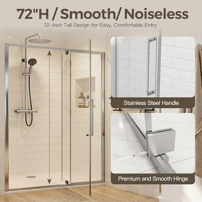 56-60" W x 72" H Pivot Shower Doors, Semi-Frameless Swing Water Repellent Glass Shower Doors with 1/4" (6mm) Clear SGCC Tempered Glass, Chrome Finish, Reversible Installation, Magnetic Closing | 1/4" (6mm) Clear SGCC Tempered Glass with a 24.8" walk-in op