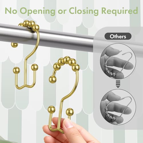 Gold Shower Curtain Hooks, 12PCS Rust-Resistant Metal Double Shower Curtain Rings for Curtain Rolling Shower Hooks, Shower Rings for Bathroom Shower Curtain Rod - color: Gold, style: Modern - Double Hooks