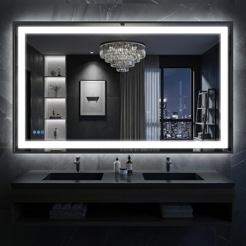 Antok 55X40 LED Bathroom Mirror with Lights, Vanity Mirror for Wall with Black Frame, Touch Control, Anti-Fog, Dimmable Lights, Shatter-Proof, Memory Function, Wall-Mounted Vanity Mirrors - size: 55"L x 40"W