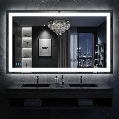Antok 55X40 LED Bathroom Mirror with Lights, Vanity Mirror for Wall with Black Frame, Touch Control, Anti-Fog, Dimmable Lights, Shatter-Proof, Memory Function, Wall-Mounted Vanity Mirrors - size: 55"L x 40"W