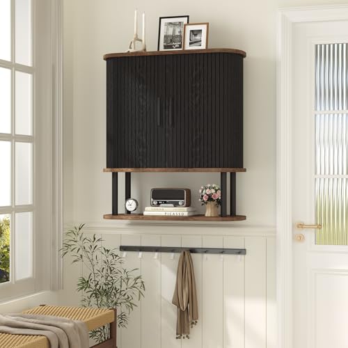 Fluted Bathroom Wall Cabinet, Wall Mounted Medicine Cabinet with Sliding Tambour Door & Adjustable Shelf, 3-Tier Over the Toilet Storage Cabinet for Laundry Room, Kitchen, Black - color: Black