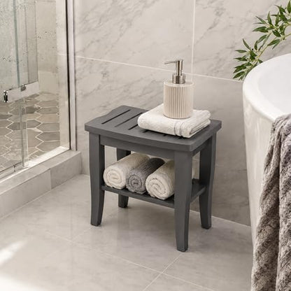 Bamboo Shower Bench, Gray Bathroom Wooden Stool Chair Seat with Storage | Compact 9 x 17 x 17 In, Great for Small Bathrooms, Non Slip Feet, Storage Shelf, Concave Seat, Holds Up to 250 lbs - color: Grey Standard